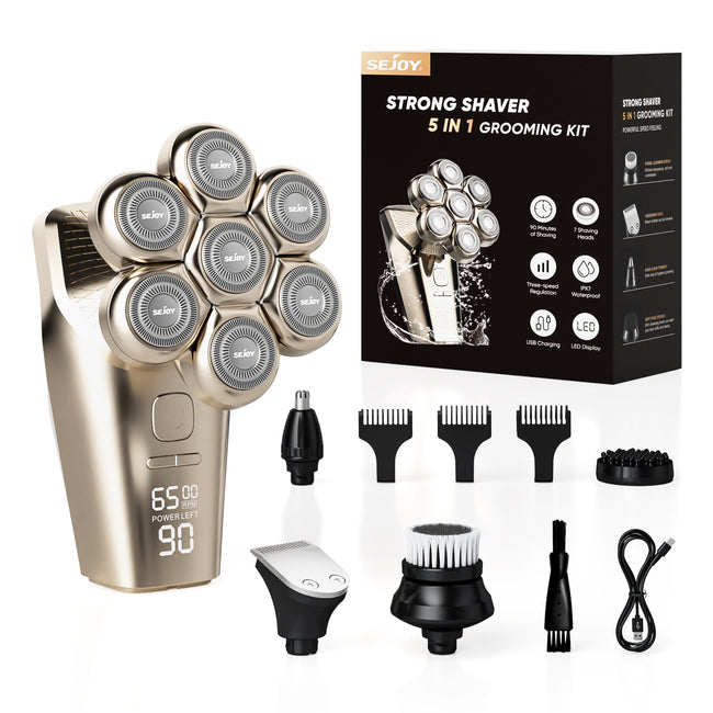 Sejoy 5 In 1 Electric Head Shaver 7D Cordless Razor with Hair Trimmer Multifunctional Electric Shaver