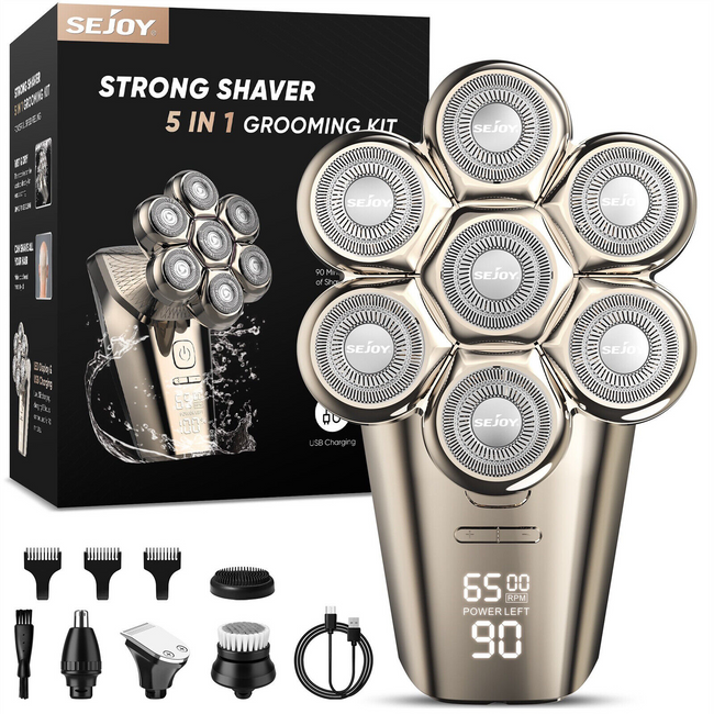 Sejoy 5 In 1 Electric Head Shaver 7D Cordless Razor with Hair Trimmer Multifunctional Electric Shaver