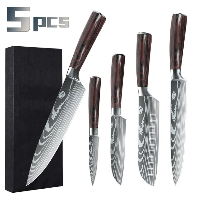 5/8Pcs/10Pcs Kitchen Knives Japanese Stainless Steel Chef Knife Damascus Laser Pattern Slicing Santoku Kitchen Knife Set