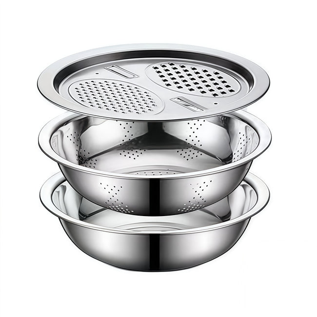 Stainless Steel 3-In-1 Vegetable Strainer Slicer Cutter Graters Drain Basket Salad Maker Bowl