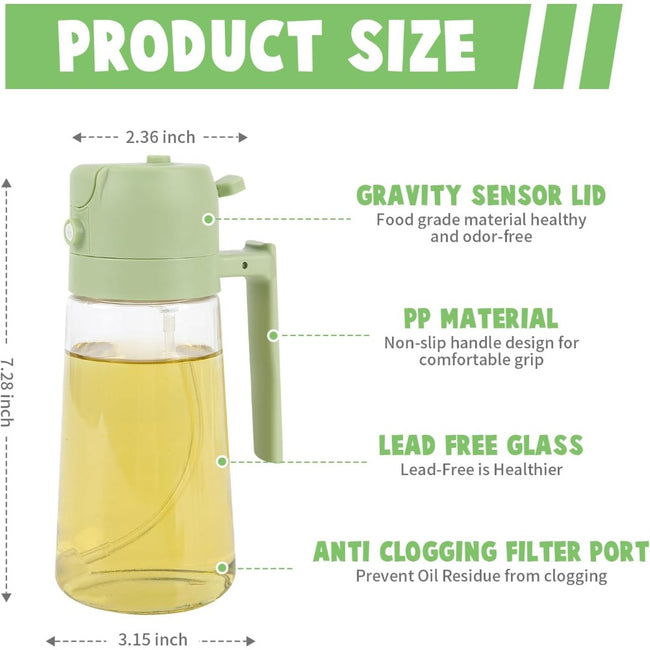2-in-1 Olive Oil Sprayer & Dispenser - 16oz/470ml Glass Kitchen Bottle , for Air Fryer, Salad, Frying, BBQ