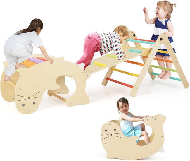 Climbing Toys for Toddlers, Foldable Montessori Wooden Arch Climber Ladder with Sliding Ramp
