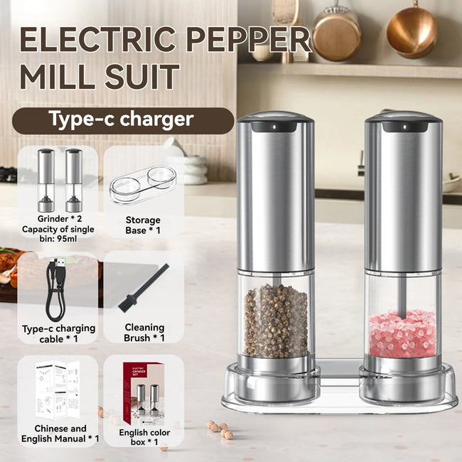 Electric Salt and Pepper Grinder Set (2 Pack)With Base and Washable 95Ml Container, Rechargeable Automatic Pepper and Salt Mills