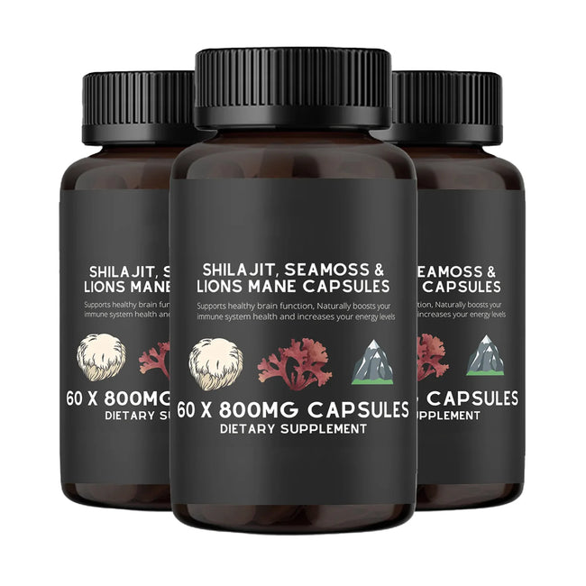 Shilajit, Seamoss&Lions Mane Capsules - Comprehensive All-In-One Wellness Supplement for Mind, Body, and Vitality - 60 Capsules