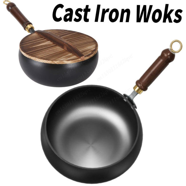 Nonstick Pure Iron Wok & Wooden Handle Saucepan Non-Coated Cast Iron Pan 22cm/24cm/28cm Wok Frying Pan