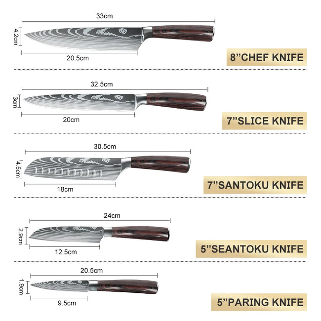5/8Pcs/10Pcs Kitchen Knives Japanese Stainless Steel Chef Knife Damascus Laser Pattern Slicing Santoku Kitchen Knife Set