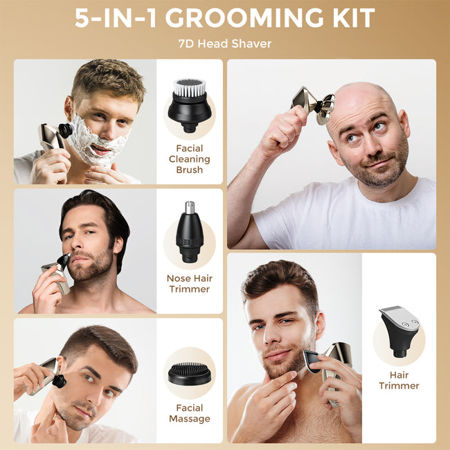 Sejoy 5 In 1 Electric Head Shaver 7D Cordless Razor with Hair Trimmer Multifunctional Electric Shaver