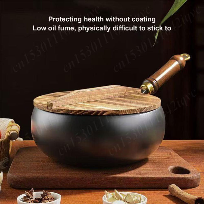 Nonstick Pure Iron Wok & Wooden Handle Saucepan Non-Coated Cast Iron Pan 22cm/24cm/28cm Wok Frying Pan