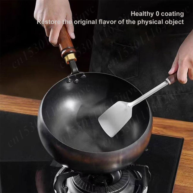 Nonstick Pure Iron Wok & Wooden Handle Saucepan Non-Coated Cast Iron Pan 22cm/24cm/28cm Wok Frying Pan