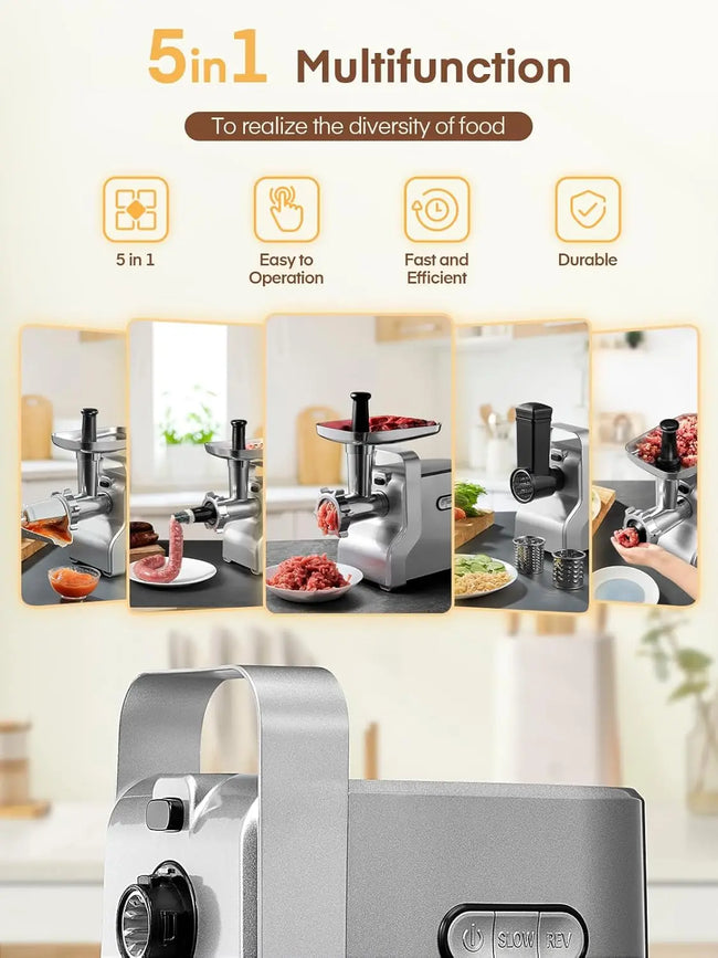 Meat Grinder Heavy Duty - 5 In1 Meat Grinder for Home Use - 3000W Max Powerful - Sausage Stuffer with 3 Stainless Steel