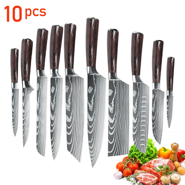 5/8Pcs/10Pcs Kitchen Knives Japanese Stainless Steel Chef Knife Damascus Laser Pattern Slicing Santoku Kitchen Knife Set