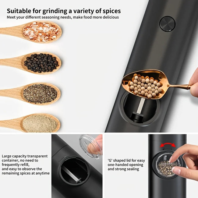 2Pc Electric Pepper Grinder Set with Base - Automatic Mill for Black Peppercorns & Sea Salt, Stylish Black Design, Durable & Eff
