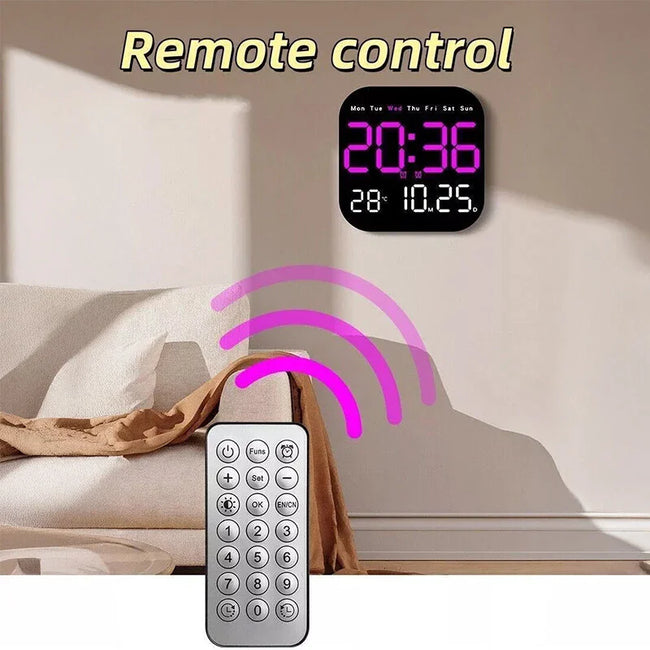 LED Large Digital Wall Clock Remote Control Temperature Date Week Display Adjust