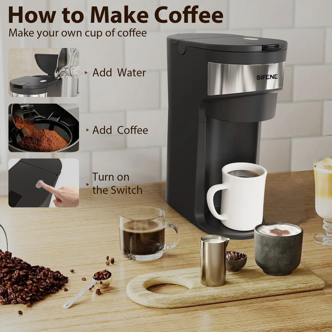 Mini Coffee Maker Single Serve Instant Coffee Brewer, One Cup for K Pod & Ground Coffee, Capsule Coffee Machine, Black