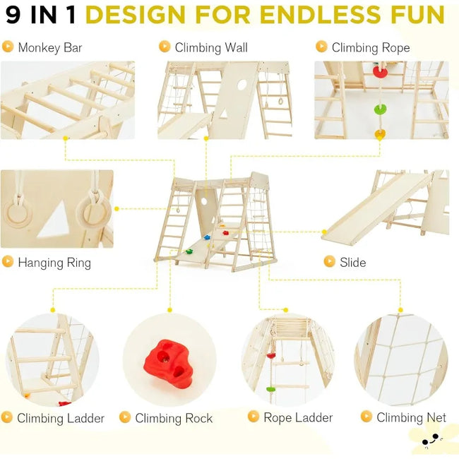 Indoor Jungle Gym, 9 in 1 Kids Indoor Playground for Kids with Climbing Wall, Slide, Monkey Bars, Rope Ladder and Hanging Ring