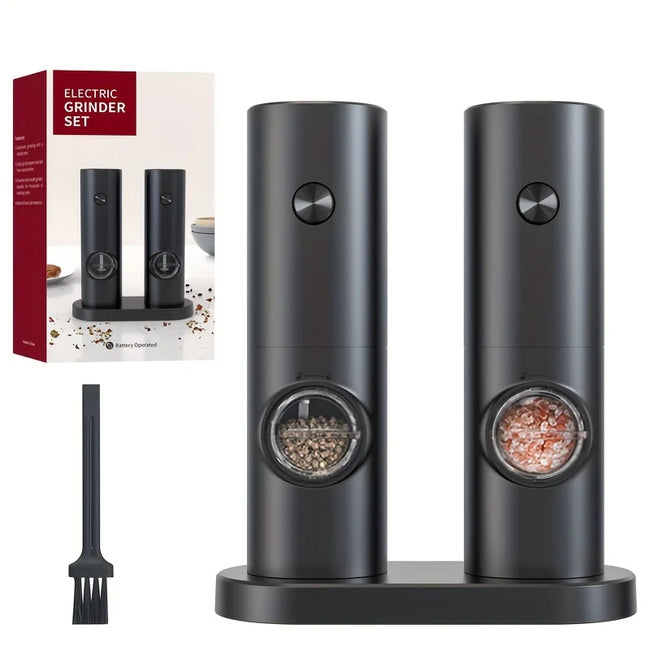 2Pc Electric Pepper Grinder Set with Base - Automatic Mill for Black Peppercorns & Sea Salt, Stylish Black Design, Durable & Eff