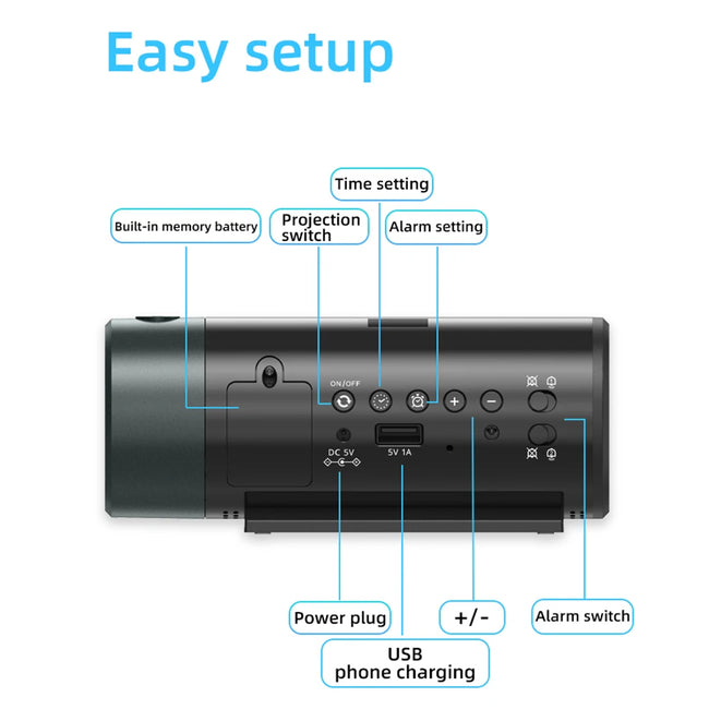 Projection Digital Alarm Clock with 180° Rotatable Projector, Clear LED Display4-Level Brightness Dimmer for Bedroom