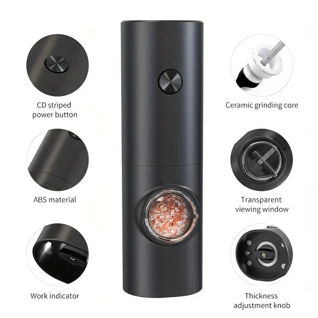 2Pc Electric Pepper Grinder Set with Base - Automatic Mill for Black Peppercorns & Sea Salt, Stylish Black Design, Durable & Eff
