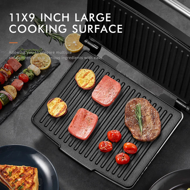 Panini Press Grill, Gourmet Sandwich Maker, Electric Indoor Grill with Non-Stick Cooking Plate and Removable Drip Tray, E