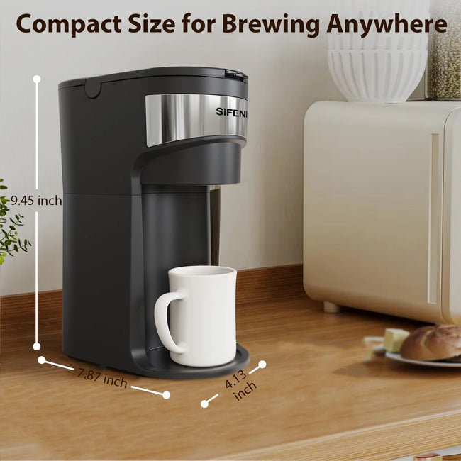 Mini Coffee Maker Single Serve Instant Coffee Brewer, One Cup for K Pod & Ground Coffee, Capsule Coffee Machine, Black