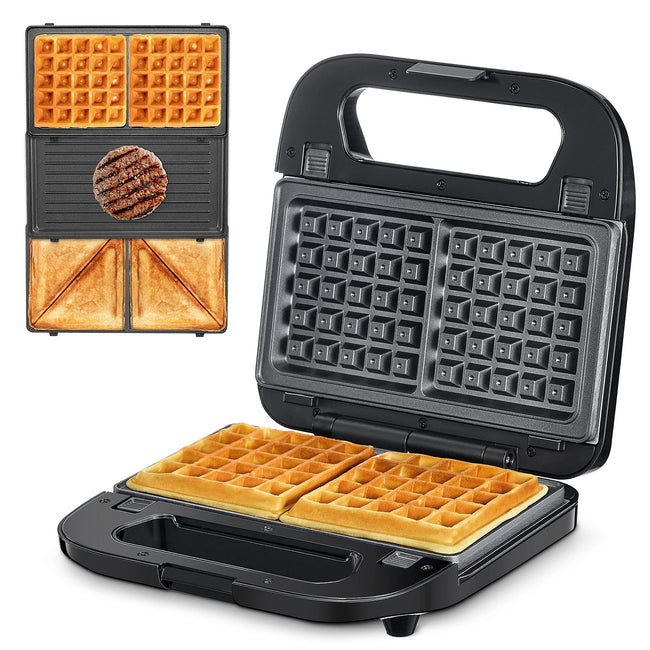 3-In-1 Waffle, Grill & Sandwich Maker, Panini Press Grill and Waffle Iron Set with Removable Non-Stick Plates