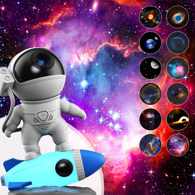 Rocket Astronaut Galaxy Projector Night Light Lamp and 13 Film Pieces Sky Projector 360° Rotate Planetarium for Kids Bedroom