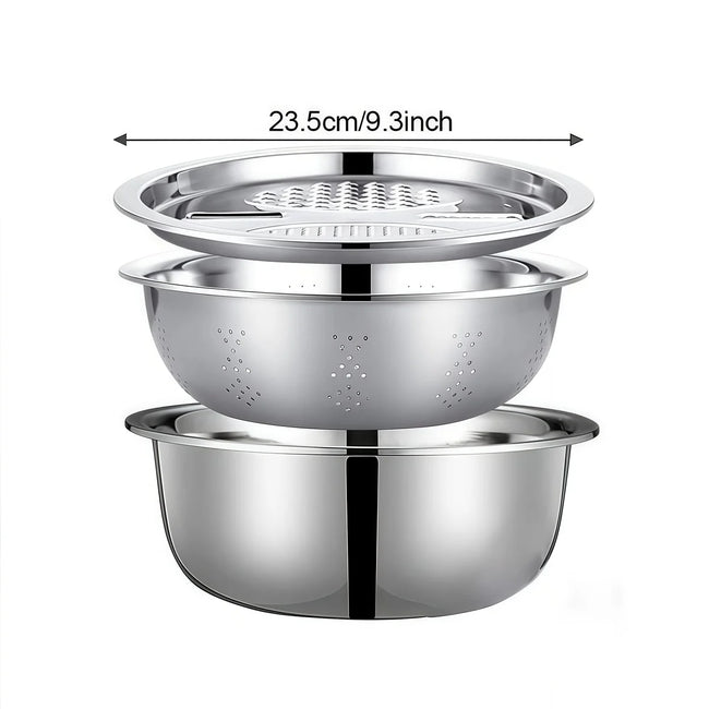 Stainless Steel 3-In-1 Vegetable Strainer Slicer Cutter Graters Drain Basket Salad Maker Bowl Kitchen Accessory Tool
