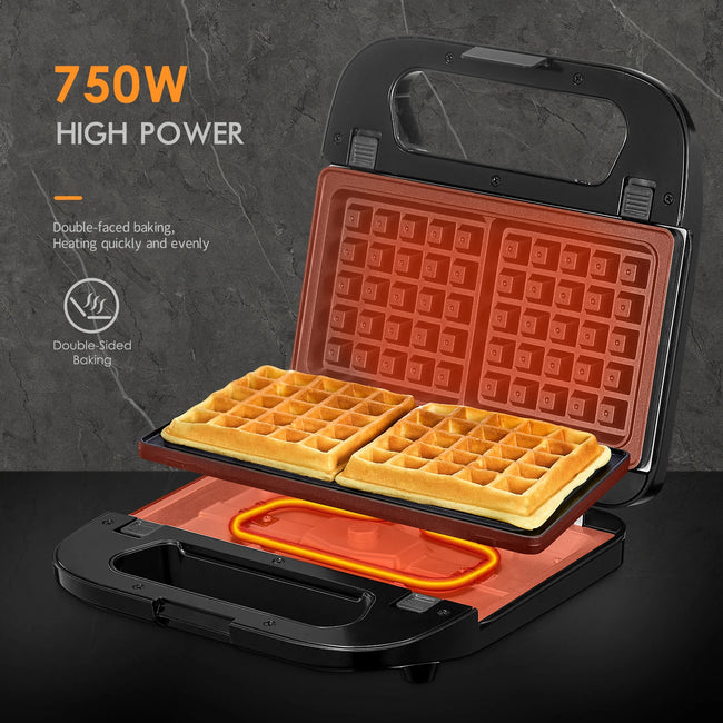 3-In-1 Waffle, Grill & Sandwich Maker, Panini Press Grill and Waffle Iron Set with Removable Non-Stick Plates