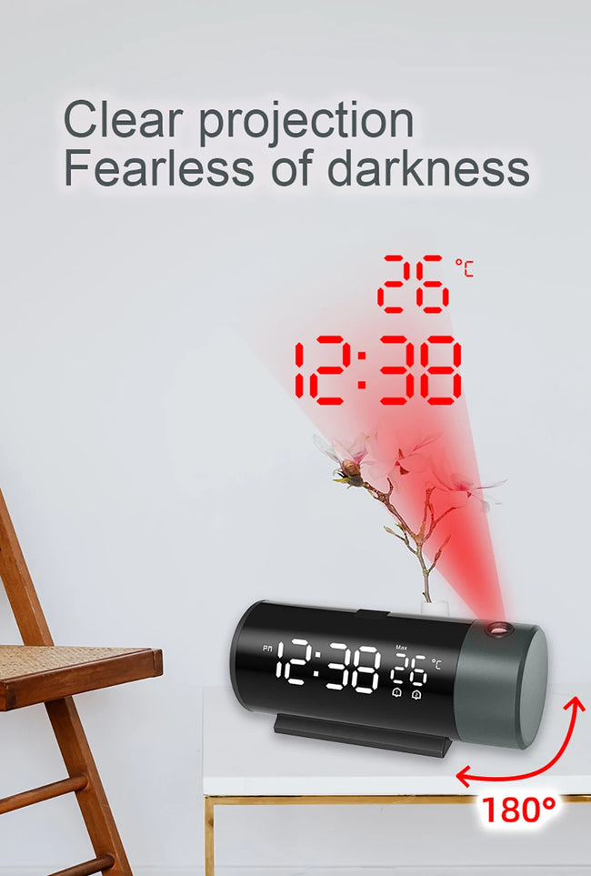 Projection Digital Alarm Clock with 180° Rotatable Projector, Clear LED Display4-Level Brightness Dimmer for Bedroom
