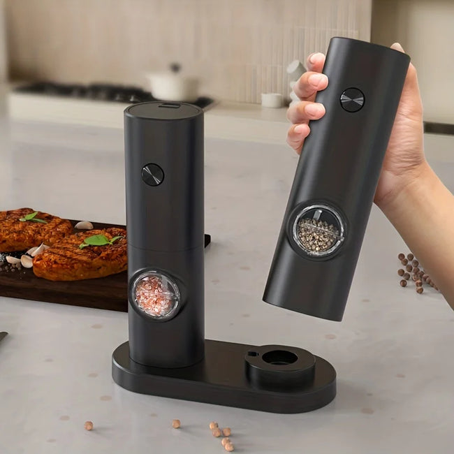 2Pc Electric Pepper Grinder Set with Base - Automatic Mill for Black Peppercorns & Sea Salt, Stylish Black Design, Durable & Eff