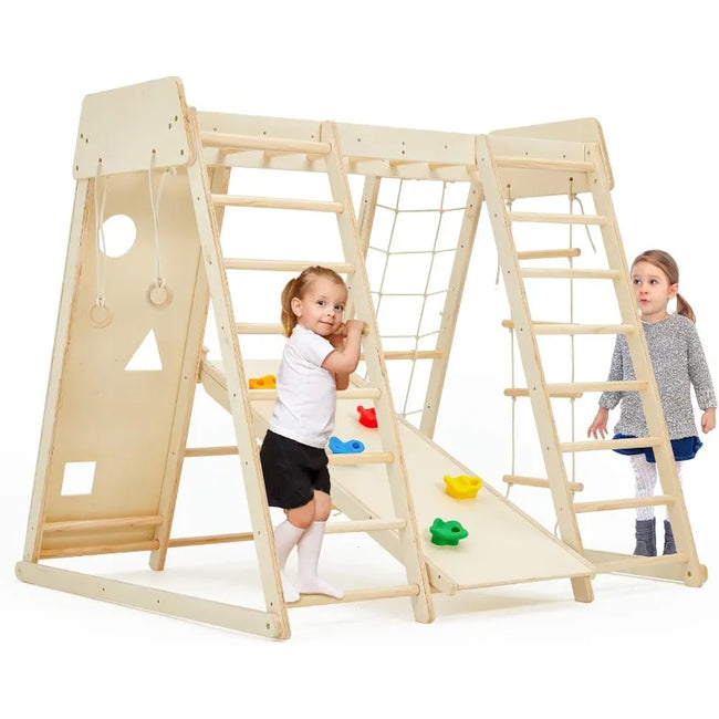 Indoor Jungle Gym, 9 in 1 Kids Indoor Playground for Kids with Climbing Wall, Slide, Monkey Bars, Rope Ladder and Hanging Ring