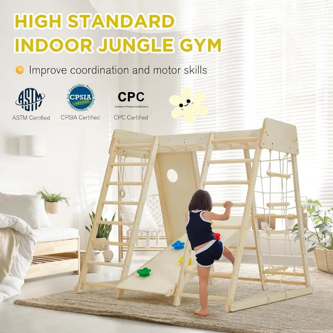 Indoor Jungle Gym, 9 in 1 Kids Indoor Playground for Kids with Climbing Wall, Slide, Monkey Bars, Rope Ladder and Hanging Ring