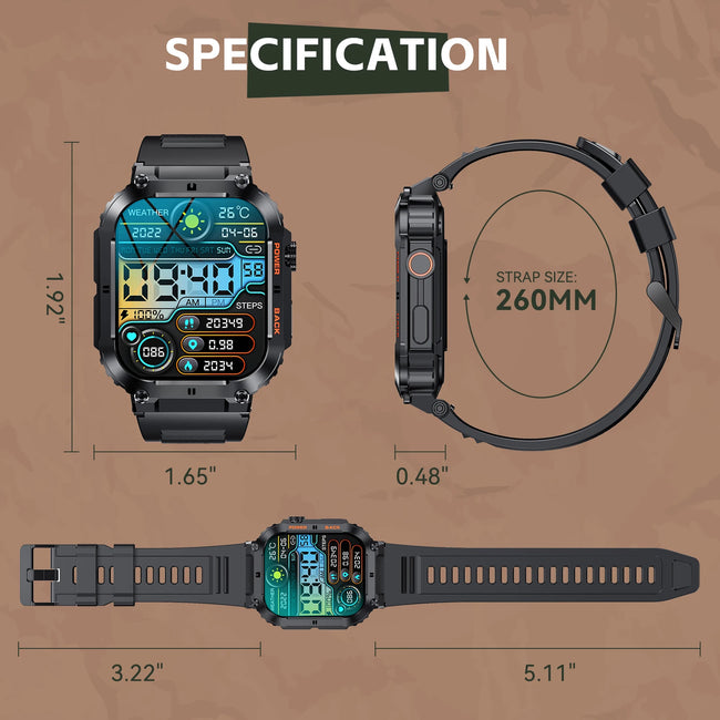 Military Smart Watches for Men Bluetooth Call 1.96" HD Screen Fitness Tracker Heart Rate Blood Pressure IP68 Waterproof
