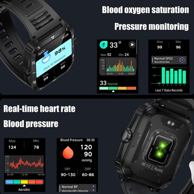 Smart Watch 3ATM Waterproof 1.96" IPS Screen Military KT71 Men 100+ Sport Mode Heart Rate Blood Pressure Bluetooth Call