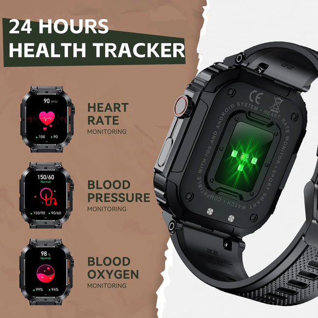 Military Smart Watches for Men Bluetooth Call 1.96" HD Screen Fitness Tracker Heart Rate Blood Pressure IP68 Waterproof