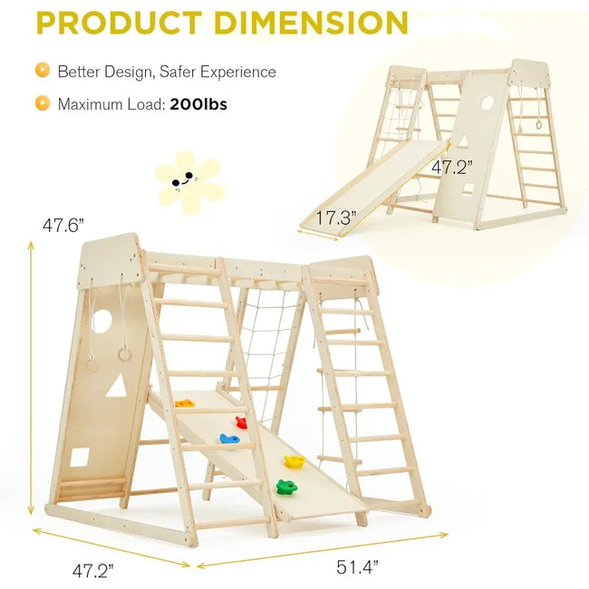 Indoor Jungle Gym, 9 in 1 Kids Indoor Playground for Kids with Climbing Wall, Slide, Monkey Bars, Rope Ladder and Hanging Ring