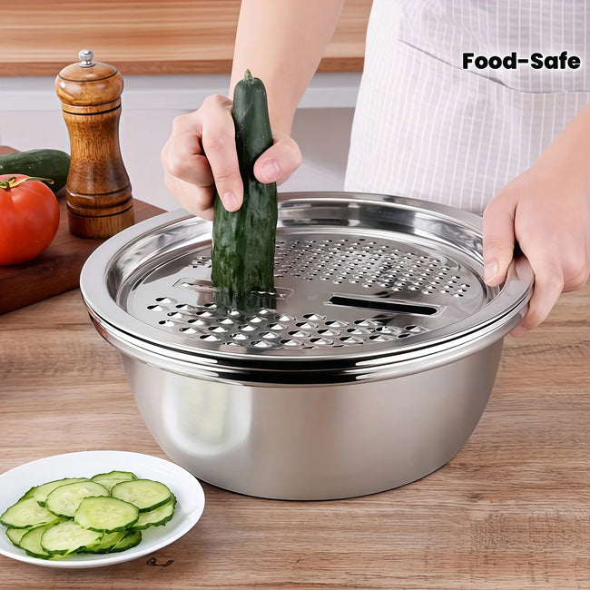 Stainless Steel 3-In-1 Vegetable Strainer Slicer Cutter Graters Drain Basket Salad Maker Bowl Kitchen Accessory Tool