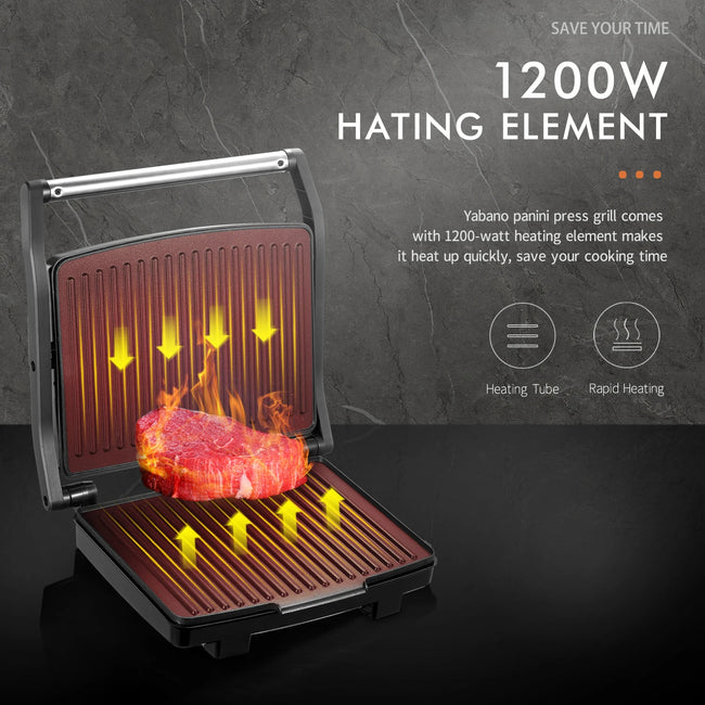 Panini Press Grill, Gourmet Sandwich Maker, Electric Indoor Grill with Non-Stick Cooking Plate and Removable Drip Tray, E