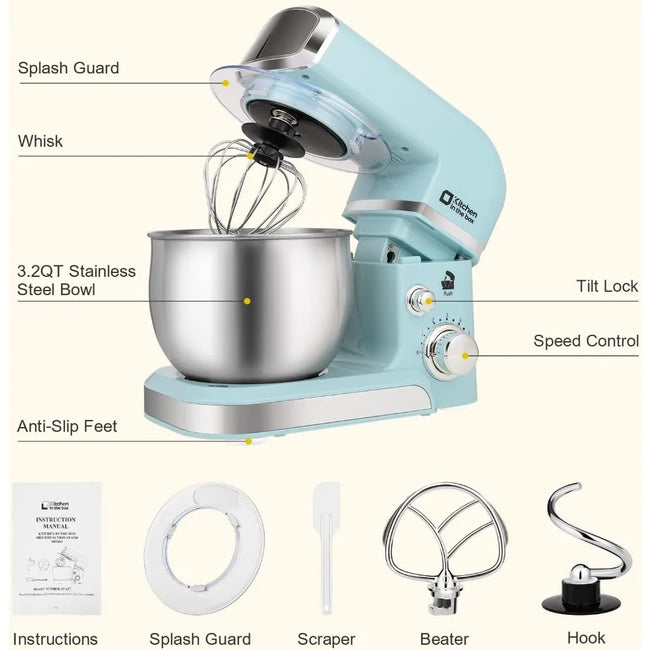 Stand Mixer,3.2Qt Small Electric Food Mixer,6 Speeds Portable for Daily Use with Egg Whisk,Dough Hook,Flat Beater (Blue)