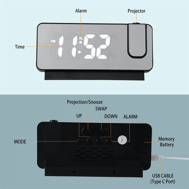 Digital Projection Alarm Clock with Rotatable Ceiling/Wall Projector Bedside Desktop Clock Large Display for Bedroom Office