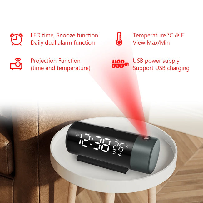 Projection Digital Alarm Clock with 180° Rotatable Projector, Clear LED Display4-Level Brightness Dimmer for Bedroom