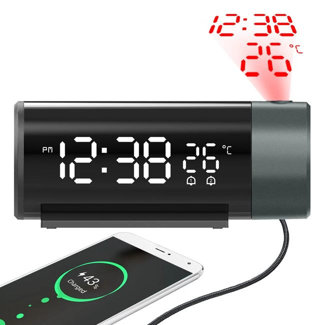 Projection Digital Alarm Clock with 180° Rotatable Projector, Clear LED Display4-Level Brightness Dimmer for Bedroom