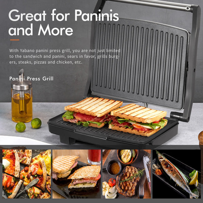 Panini Press Grill, Gourmet Sandwich Maker, Electric Indoor Grill with Non-Stick Cooking Plate and Removable Drip Tray, E