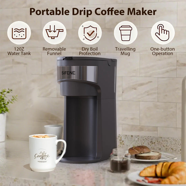 Mini Coffee Maker Single Serve Instant Coffee Brewer, One Cup for K Pod & Ground Coffee, Capsule Coffee Machine, Black