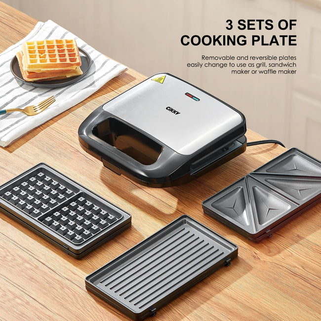 3-In-1 Waffle, Grill & Sandwich Maker, Panini Press Grill and Waffle Iron Set with Removable Non-Stick Plates