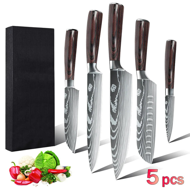 5/8Pcs/10Pcs Kitchen Knives Japanese Stainless Steel Chef Knife Damascus Laser Pattern Slicing Santoku Kitchen Knife Set