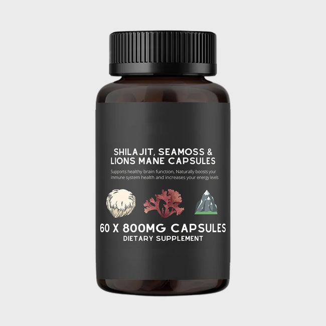 Shilajit, Seamoss&Lions Mane Capsules - Comprehensive All-In-One Wellness Supplement for Mind, Body, and Vitality - 60 Capsules