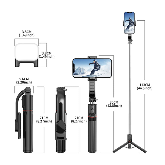 L13D 1160Mm Front Rear Fill Light Bluetooth Tripod Selfie Stick Tripe Stabilizer Remote Shutter for Android IOS Cellphone