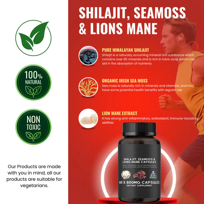 Shilajit, Seamoss&Lions Mane Capsules - Comprehensive All-In-One Wellness Supplement for Mind, Body, and Vitality - 60 Capsules