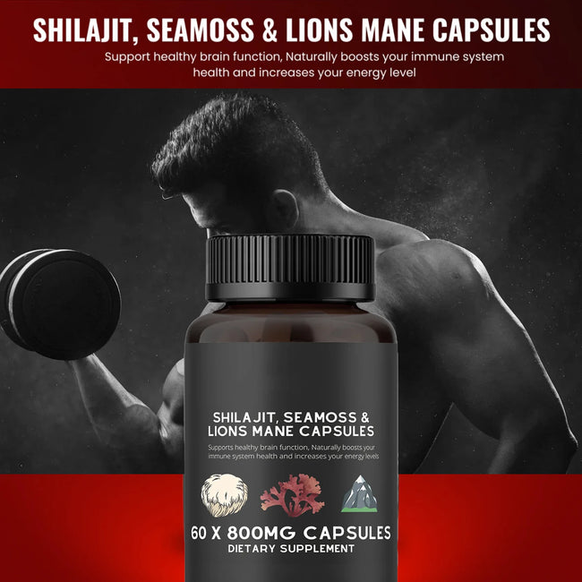 Shilajit, Seamoss&Lions Mane Capsules - Comprehensive All-In-One Wellness Supplement for Mind, Body, and Vitality - 60 Capsules